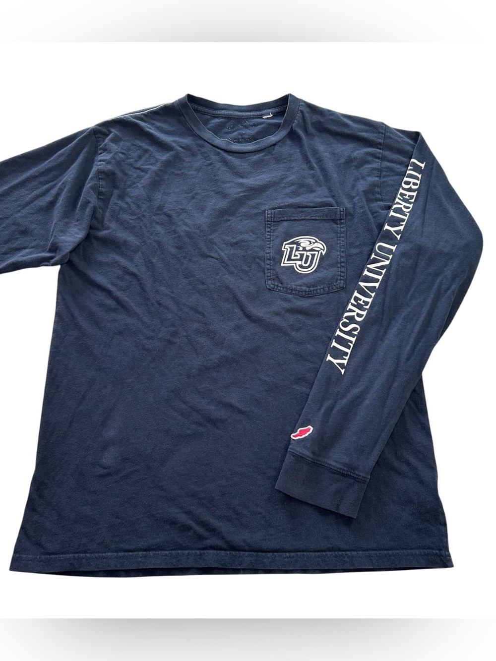 League Liberty University Flames Men’s Long Sleeve Pocket T-Shirt Navy Blue sz S